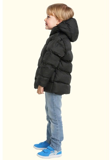 Erkek Çocuk Polarlı Kapüşonlu Su Geçirmez Rüzgara Dayanıklı Şişme Kışlık Mont Siyah