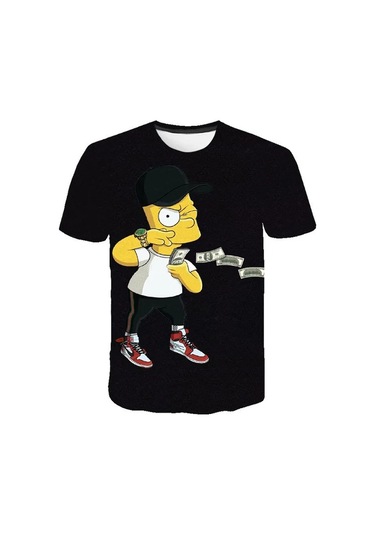 Disney Simpsons Karikatür Baskı Erkek T-shirt Yazlık Kısa Kollu Rahat Teeblack Black