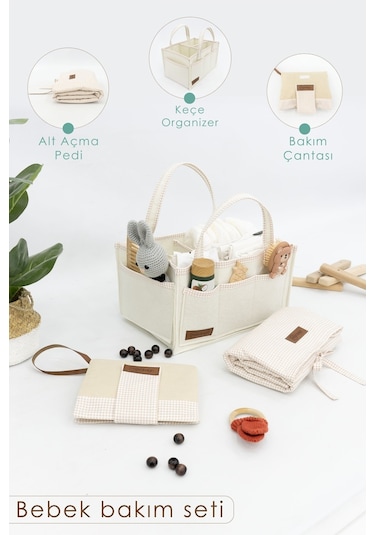 Mordesign 3'lü Bebek Bakım Seti Keçe Anne Bebek Organizeri, Su Geçirmez Alt Değiştirme Pedi, Alt Açma Çantası Bej Zg980 Bej