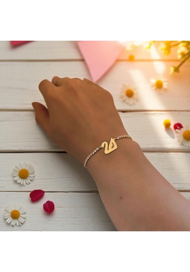 Archin İ Harfine Özel 14 Ayar Altın Plakalı Beyaz Taş Detaylı Kuğu Kuşu Motifli Hediye Bileklik-601harf İ