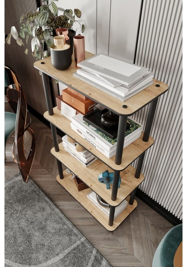 4 Katlı Dekoratif Diktörtgen Kitaplık Meşe Meşe