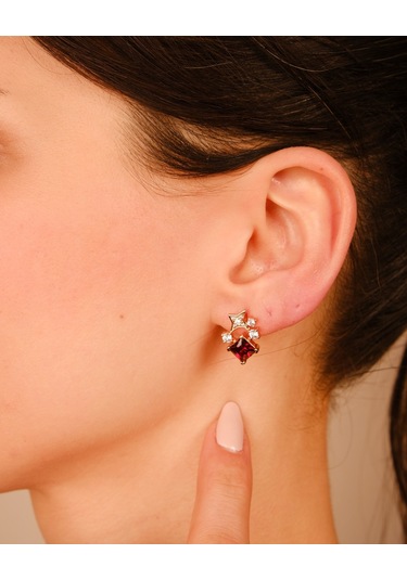 Lekka Design Kadın Takı Kararmaz Çelik Lüks Kırmızı Zirkon Taşlı Yıldızlı Küpe