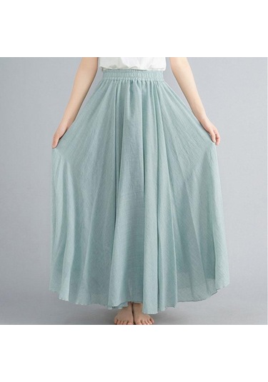 Yaz Sonbahar Kadın Etek Edebi Büyük Boy Pamuk Keten Yarım Etek Elastik Bel Keten A-line Etek Uzun Bölüm Saf Renk Rüzgar Salıncak Etek Açık Yeşil