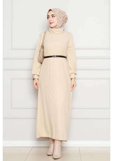 Balıkçı Yaka Kemerli Elbise-bej-4555 Bej