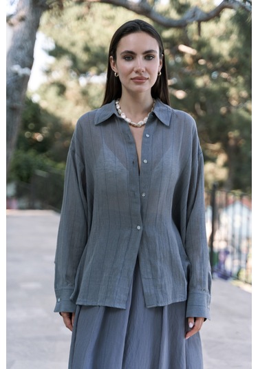 Calynn Sırt Dekolteli Çizgili Füme Keten Gömlek Füme