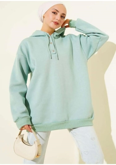 Lovie Moda Kadın Yarım Pat Düğmeli Sweatshirt Yeşil