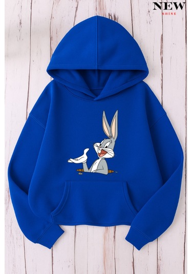 Tavşan Baskılı Sweatshirt Saks Mavisi