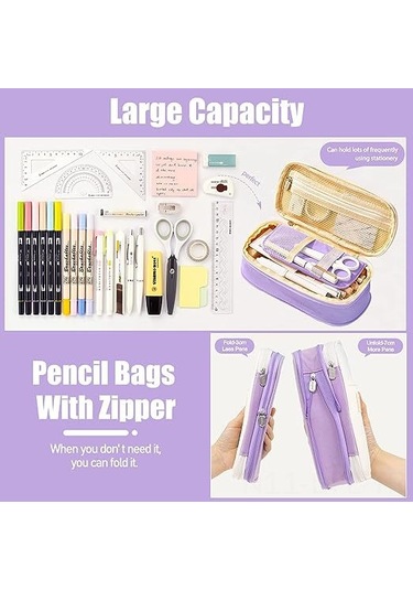 Dofolink Renkli Çanta: Geniş Kapasiteli 3 Bölmeli Gergin Askılıklı Kanvas Kalem Çantası, 50-60 Kalem Saklar, Seyahat/makeup/teknik Çantası Olarak Kullanılabilir - Mor/krem Çok Renkli