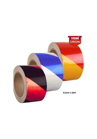 Reflektif Fosforlu Çapraz Şerit Bant, Çift Renk Reflekte İkaz Bandı 9.2cm X 25m - Sarı Kırmızı 6107