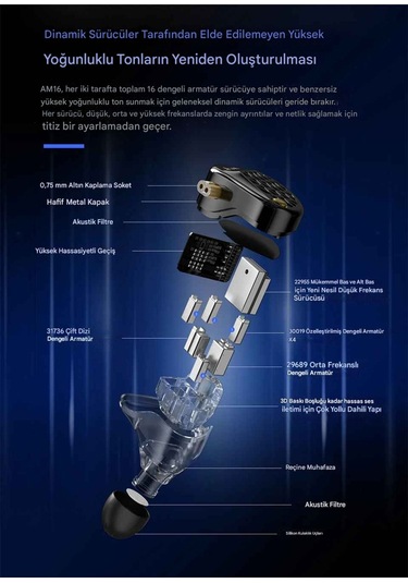 Kz Am16 16 Sürücü Profesyonel Hi-fi Iem Kulak İçi Kulaklık Bass Versiyon Am16