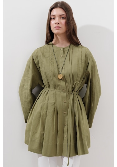 Nervürlü Geniş Kollu Tunik Yeşil Yeşil
