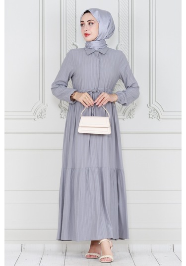 Gömlek Yaka Beli Tünelli Sare Elbise-gri-4014-gri Gri