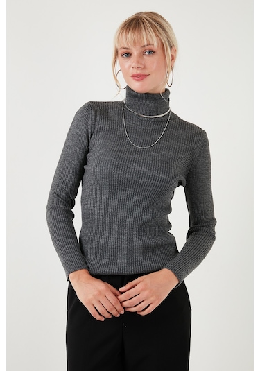 Lela Fitilli Regular Fit Balıkçı Yaka Soft Akrilik Bayan Kazak 4614102 Kar Gri Lela Fitilli Regular Fit Balıkçı Yaka Soft Akrilik Bayan Kazak 4614102 Kar Gri