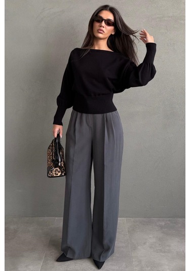 Madmext Siyah Ribbed Asimetrik Kesimli Kadın Kazak Mg2744