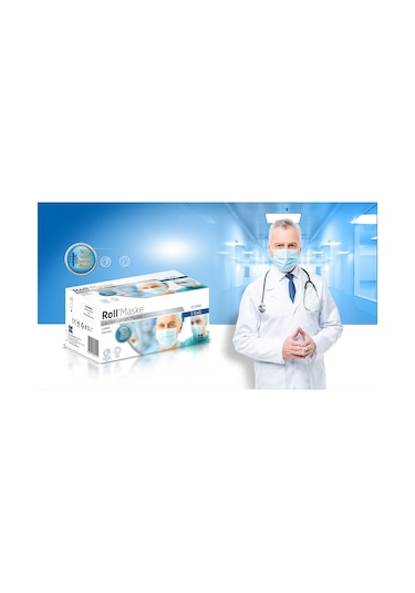 Roll Lastikli Cerrahi Maske 50 Adet 3 Katlı