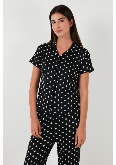 Lela Regular Fit Gömlek Yaka Kısa Kollu Bayan Pijama Takımı 65780124 Siyah