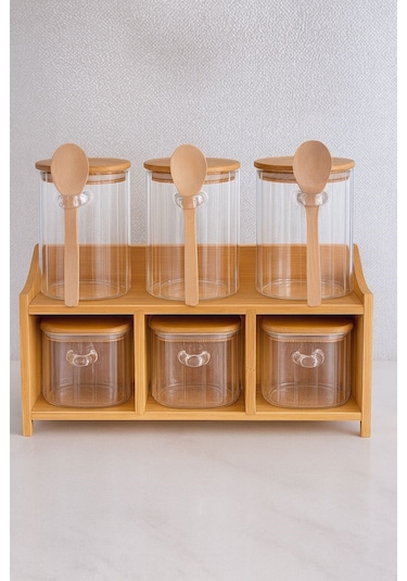 Qerhome 6lı Bambu Stantlı Borosilikat Cam Baharatlık Seti 430 Ml+330 Ml 11515 ŞEffaf