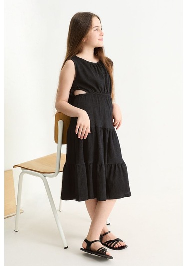 Yanı Dekolteli Kız Çocuk Elbise Siyah