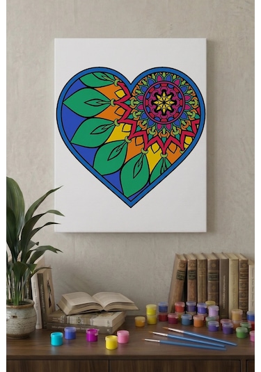 Yapraklı Kalp Desenli Mandala Ahşap Boyama Seti 40x50 Cm