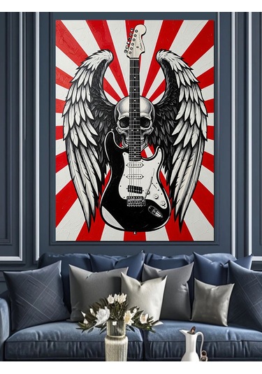 Kanatlı Kurukafa Ve Gitar Rock Konser Posteri Dekoratif Kanvas - Mdf Ahşap Tablo
