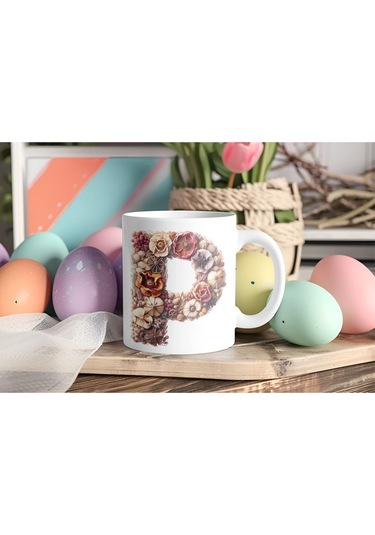 P Harfi Çiçek Desenli Kupa Bardak - Alfabe Harfleri İle Doğal Çiçekli Kupa - Hediye Fikir Beyaz