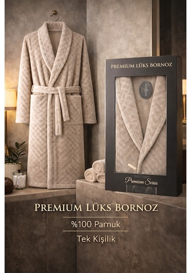 %100 Pamuktan Üretim Premium Lüks Bornoz Özel Çantalı Ekru