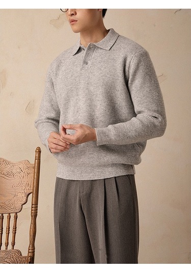 Erkek Sonbahar/kış Yakalı Örgü Kazak Gri