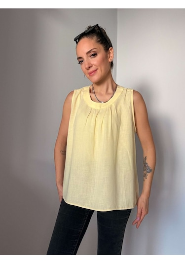 Ali Butik Sarı Bisiklet Yaka Keten Bluz Sarı
