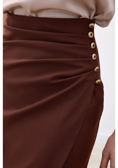 Sateen Düğme Detaylı Kalem Etek - Kahve-136775 Kahve