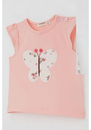 Breeze Kız Bebek Şortlu Takım Çiçek Baskılı Kelebek Nakışlı Düğme Aksesuarlı 6 Ay-2 Yaş, Somon SOMON