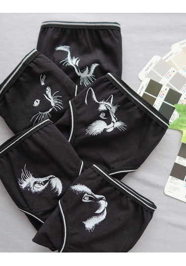 Alya Underwear Anne Kız Kombin Pamuklu Külot - Beyaz Slip İç Çamaşırı - 5'li Paket Kedi Baskılı-p13