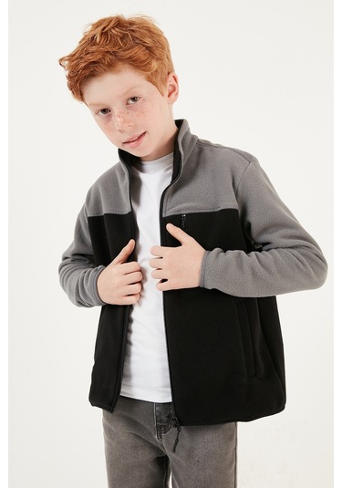 Lela Yumuşak Dokulu Fermuarlı Renk Bloklu Dik Yaka Cepli Hırka Unisex Çocuk Polar 5905001 Gri-Siyah