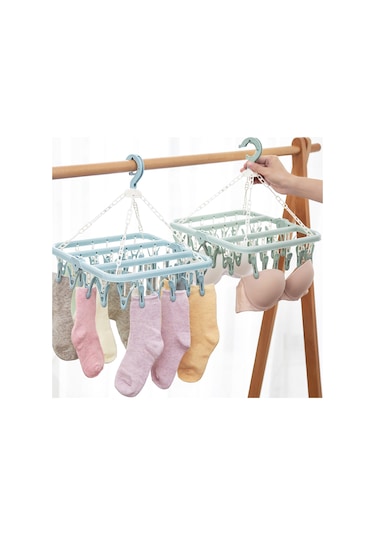 Skycity 32 Klipsli Plastik Çamaşır Asma Aleti - 360 Derece Döner, Rüzgar Dayanıklı Kanca, Bebek Çamaşırları, Çoraplar İçin Mavi Mavi