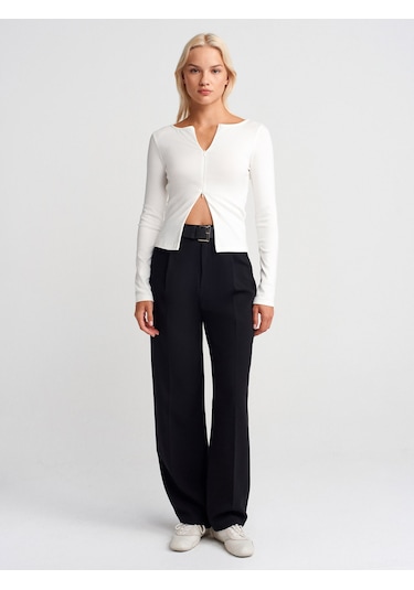 Dilvin 31993 Fermuar Detaylı Uzun Kollu Top-ekru Ekru