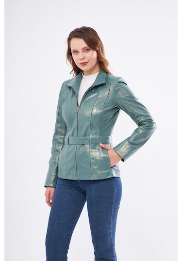 Derinss Dka2364 Hakiki Deri Kadın Yeşil Mont 001