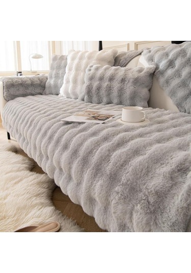 Yapay Tavşan Kürk Kanepe Örtüsü Kaymaz Ve Toz Geçirmez Kalın Yumuşak Kanepe Örtüsü Mobilya Koruyucu AÇIK GRİ