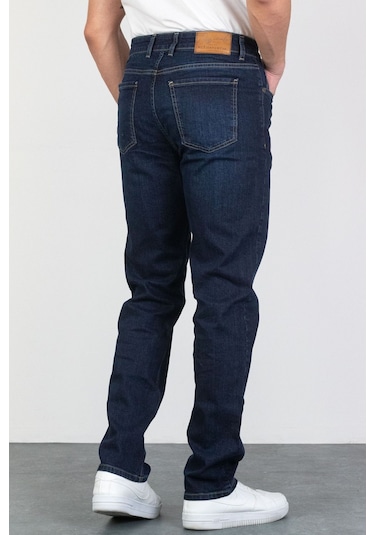 Regular Fit Boru Paça Likralı Erkek Jeans Kot Pantolon - Koyu Mavi