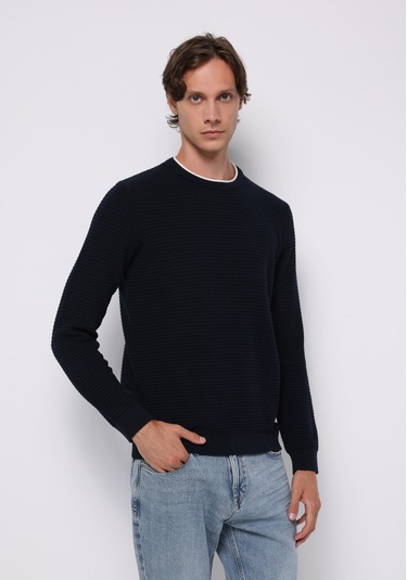 Colins Regular Fit Yuvarlak Yaka Jakarlı Erkek Lacivert Kazak Cl1076734 Q1.v2 Nav Lacivert