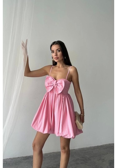 Pembe Önü Fiyonklu Askılı Elbise Pembe