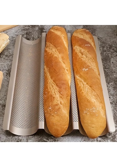 Honeybeeshop Golden Profesyonel Fransız Ekmek Tava 3lü Izgara Delikli Yapışmaz Altın