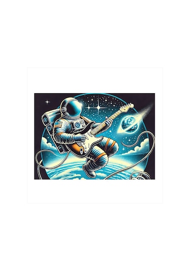 Uzayda Gitar Çalan Astronot Desenli Ahşap Tablo