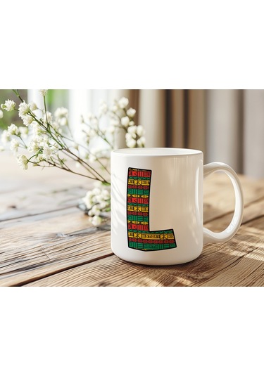 L Harfi Etnik Desenli Kupa - Afrika Tarzı Kahve Çay Kupası - Hediyelik - Black History Beyaz