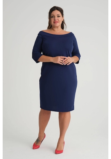Kadın Lacivert Carmen Yaka Truvakar Kol Büyük Beden Esnek Krep Elbise-lacivert Lacivert