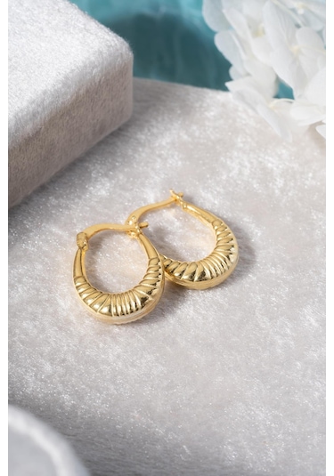 925 Ayar Gümüş Gold Rengi Çizgili Oval Tasarım Şarnel Küpe Gold