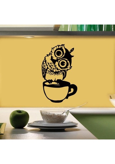 Komik Karikatür Baykuş Fincan Çay Kahve Mutfak Çıkartmaları Ev Dekor Oturma Duvar Sticker İçin Diğer