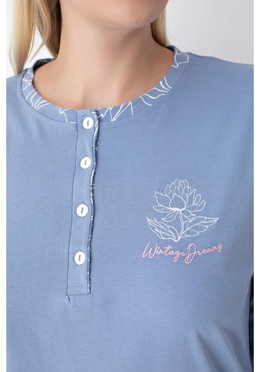 Senfoni Kadın Büyük Beden Düğmeli Yaka Uzun Kol %100 Pamuk Pijama Takımı 6068 -1 Adet Mavi