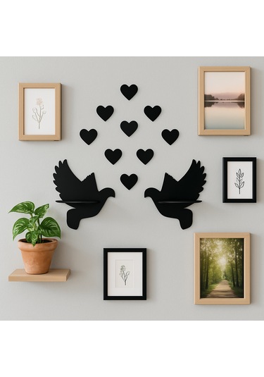 Çifte Kumru Ahşap 2'li Güvercin Duvar Rafı 30x28 Cm