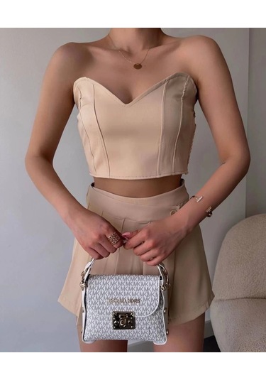 Arkadan Büzgülü Esnek Büstiyer Bej Bej