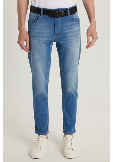 Erkek Normal Kesim Denim Yıkamalı Düz Paça Mavi Jean Kot Pantolon-34482 Mavi