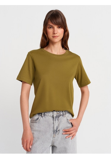 Dilvin 31763 Bisiklet Yaka T-shirt-yağ Yeşil Yağ Yeşil